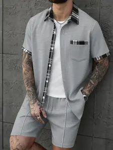 Men's Waffle Knit Two-Piece Set, Plaid Patchwork Turn-Down Collar Short Sleeve Shirt + Drawstring Shorts, Summer Casual