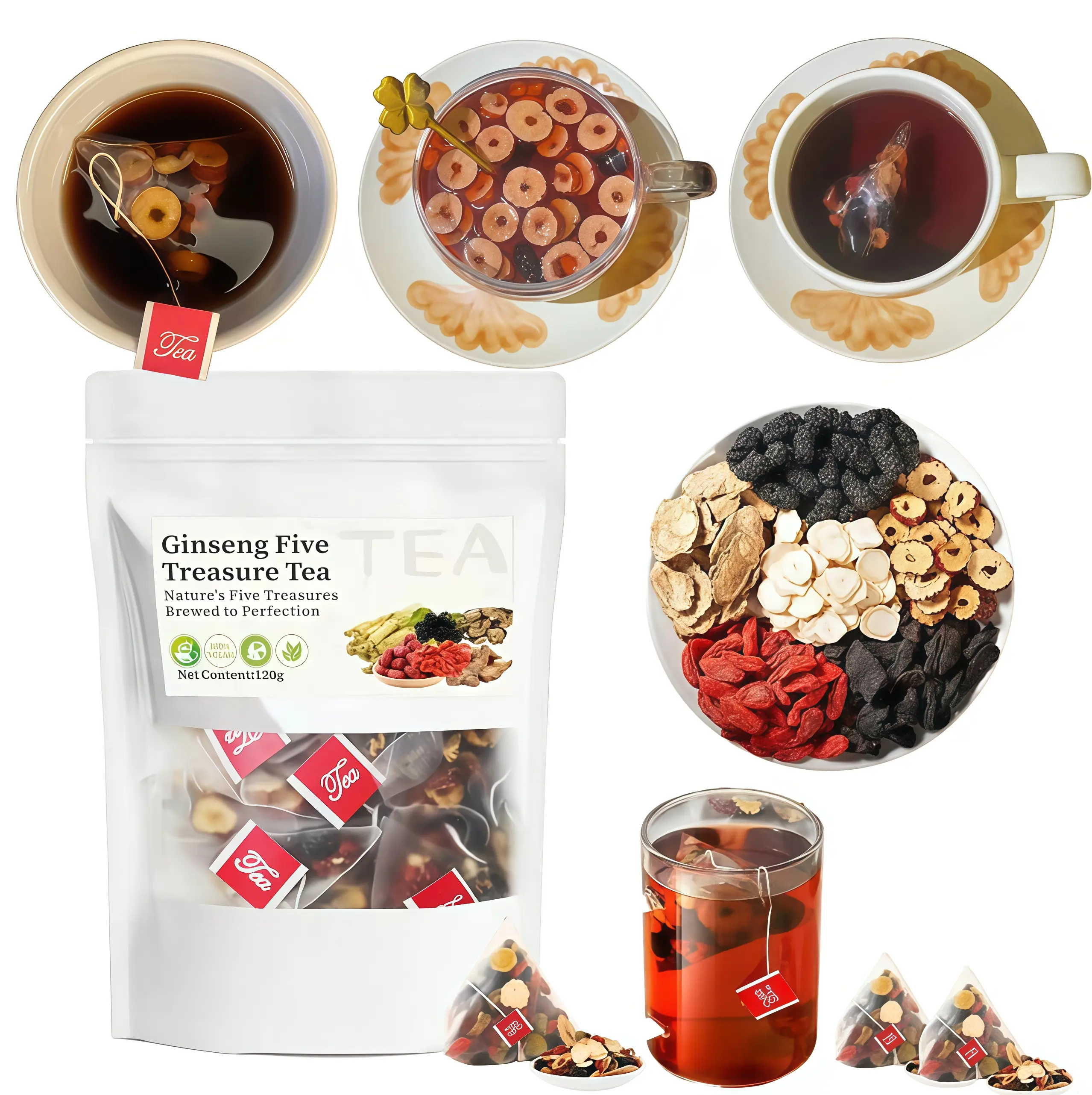 Ginseng Five Treasure Tea Formula with RedDate Wolfberry Mulberry Herbal Tea forMen's Health Support