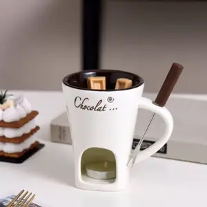 Chocolate Container Melting Cheese Candy Butter Hot Pot Mug with Fork, Ceramic Butter Individual Hot Pot Cup, Perfect for Desserts