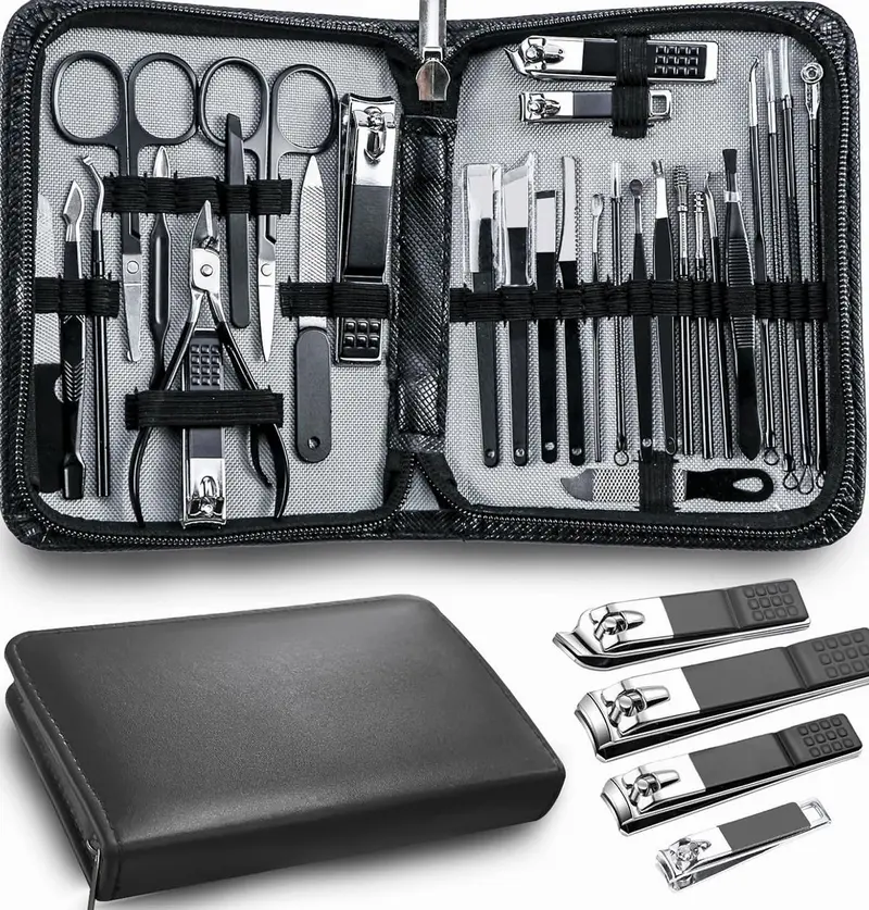 Manicure kit Personal Care Mens Grooming Kit, 30 in 1 Professional Nails Kit Pedicure Kit, Nail Clippers for Men and Beauty Tool Portable Set, with Luxurious Travel Case (Black)