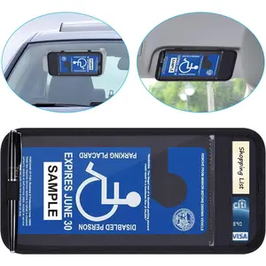 Handicap Placard Holder for Auto, Disabled Parking Permit Sign Protector for Car Sun Visor with Note Paper Slot, Pen Holder and Elastic Strap - Black