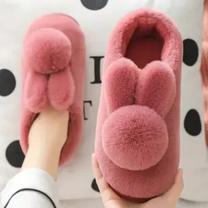 Autumn and Winter Indoor Plush Slippers New Cute Plush Rabbit Outdoor Wearable Fleece Lined Warm Heeled Plush Shoes