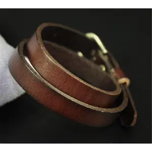 COOL Buckle Closure Genuine Leather Bracelet Wristband Double Wrap Brown Mens