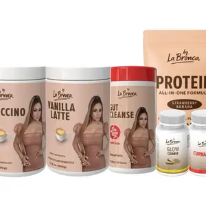 La Bronca Premium Bundle 6 Products Capuccino Coffee Vanilla Latte Gut Cleanse Glow Cleanse Curva Max and vegan protein