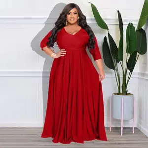 Plus Size Women’s Red Solid Color V-Neck Sexy Wedding Dress Long Gown Basic Style Minimalist Womenswear