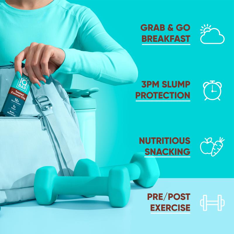 IQBAR Toasted Coconut Chip (12 Bars) - Brain and Body Plant Protein Bars - 12 Count, Low Carb, High Fiber, Gluten Free, Vegan Snacks - Low Sugar Keto Energy Bar