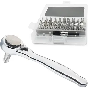 Right Angle Screwdriver 32-Piece 1/4 Inch Mini Ratchet Set Low Profile Offset Bit Set with 72-Tooth Ratcheting Wrench Stubby Ratchet 90 Degree Screwdriver for Small Spaces