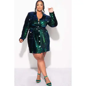 Final Sale Plus Size Sequin Blazer Dress with Rhinestone Buttons in Mermaid Green