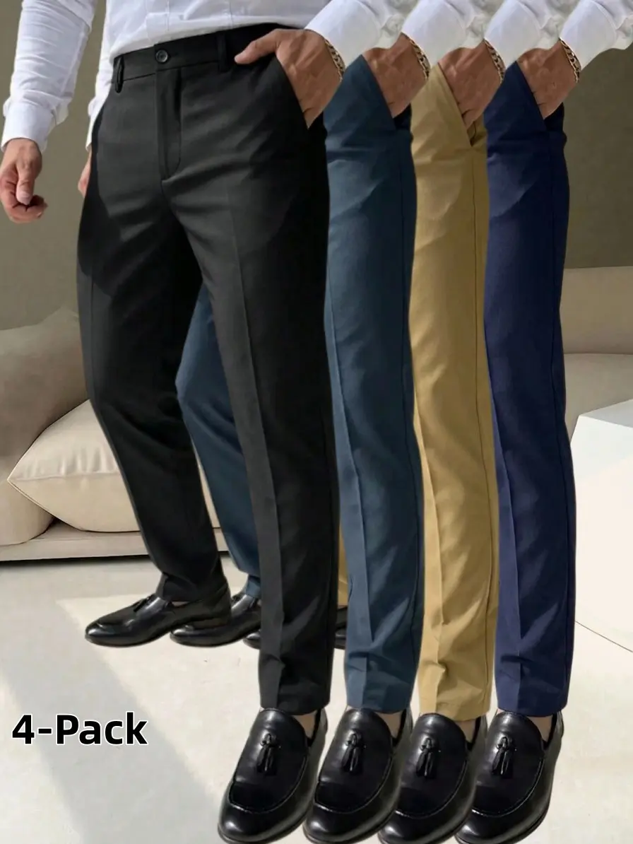 4-Pack Men's Slim Fit Business Dress Pants, Stretch Wrinkle Resistant Tapered Suit Trousers, Formal Casual Flat Front Chino Pants For Office Work Daily Smart Casual Outfits