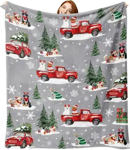 Christmas Truck Dogs Grey Flannel Throw Blanket 50x60 Inches Soft Cozy Gift for Kids Men Women Winter Holiday Decor Pine Tree Puppy Patterns Machine Washable