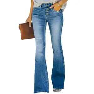 Sunflare Jeans - Women's High-Waisted Skinny Trousers with Button Detail and Flared Leg Design