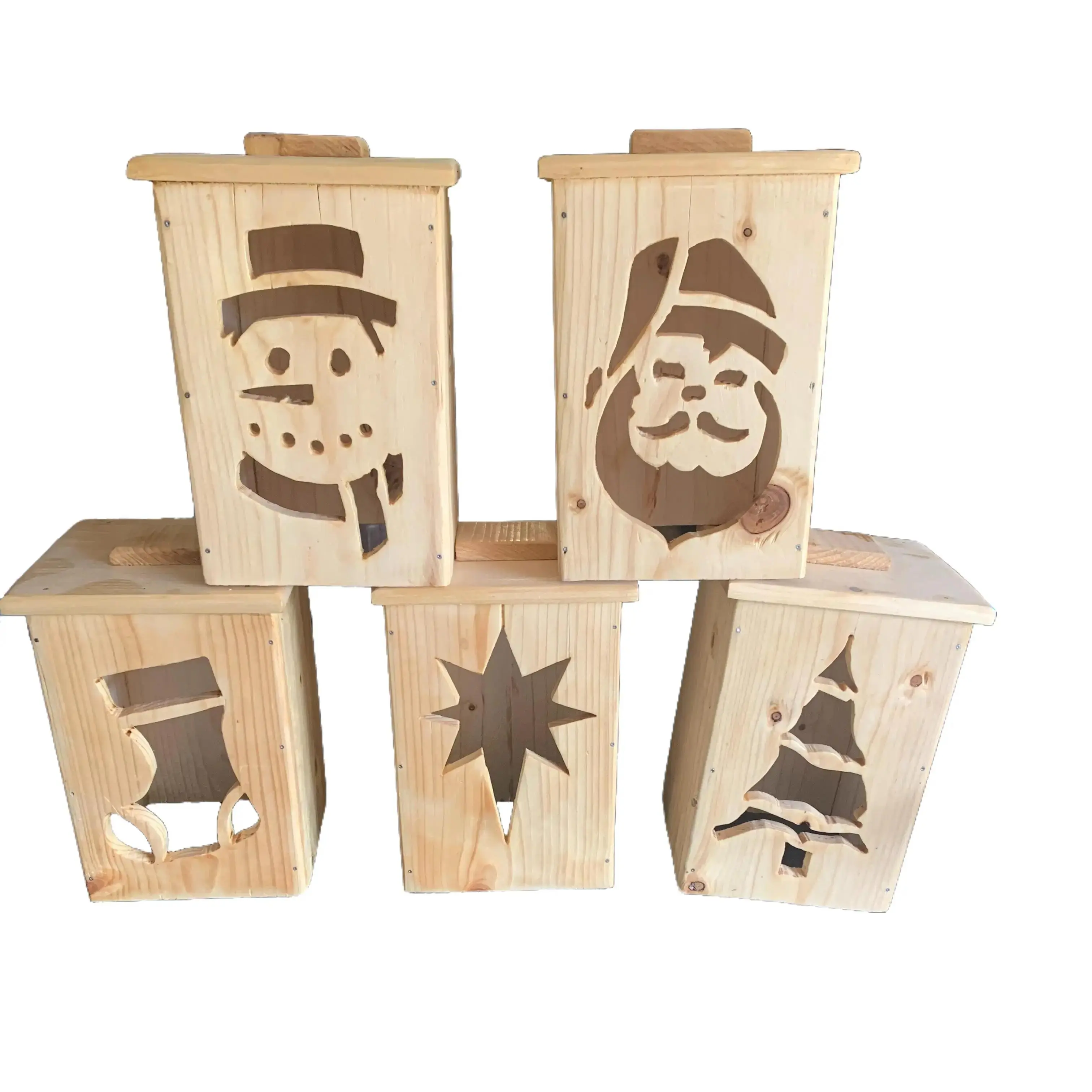 Handmade Wooden Christmas Lanterns - Set of 5 for Festive Home Decor Light Candles Decoration Traditional