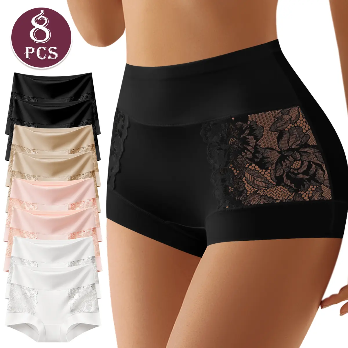 QUASTI 8-Piece High-Waisted Elegant Breathable Lace Women's Panties, Tummy Control and Hip Lifting Shaping Panties, High Elasticity Fit, Soft Fabric, Silky Smooth Skin-Friendly Womenswear, Sizes S-XXL