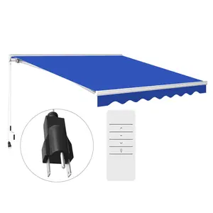 13x10 ft blue electric retractable awning built in lighting dual remote manual control uv40 protective coated fabric adjustable tilt angle for household door window daily outdoor shading use