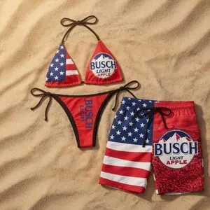 Busch Light Apple Matching Swimsuit Set, Busch Light USA Bikini& Short Matching Couple, Patriotic Couple Bikini, USA Flag Swim Trunks, Summer Beachwear Outfit