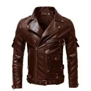 Men's Vintage Brown PU Leather Motorcycle Bomber Jacket - Distressed Graphite Asymmetrical Zipper, Slim Fit Stretch Biker Coat with Ribbed Cuffs & Waist Belt, Winter-Ready Motorcycle Jacket for Men