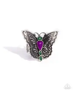 Adolescent Aerial - Purple and Jade Stone Silver Butterfly Ring - Paparazzi
