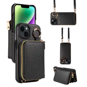 Anti-Drop PU Phone Case with Lanyard Zipper Wallet for iPhone 16/15/14/14plus/14pro/14promax/13/12, Protective Cover with Card Holder Phone Pouch