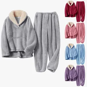 Women's Fluffy Pajama Set Fleece Pullover Pants Fuzzy Lounge Set Cozy Winter Pj Sleepwear with Pockets