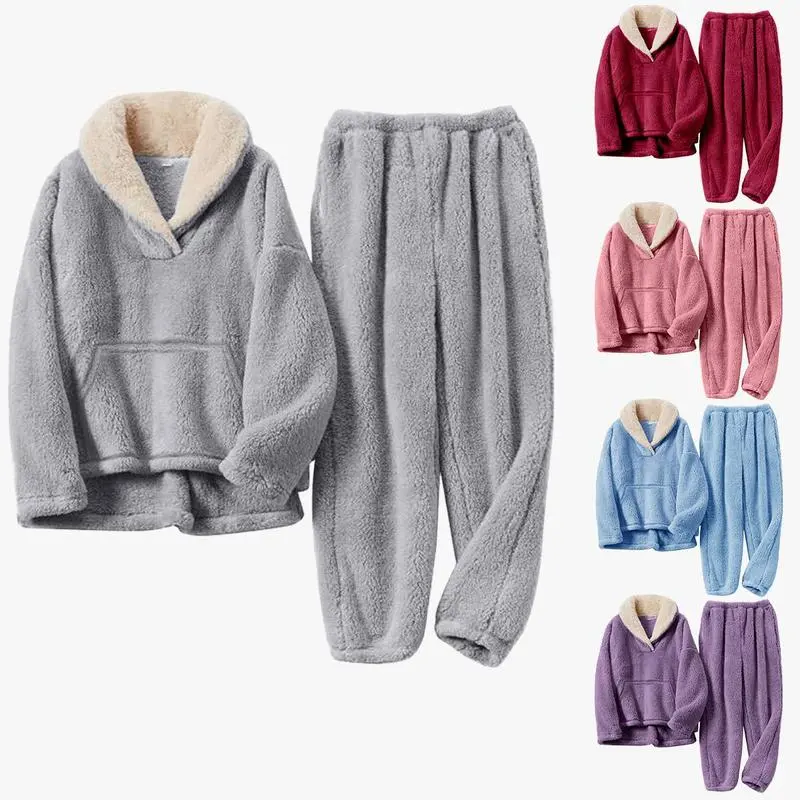 Women's 2-Piece Basic Fluffy Thick Plush Flannel Fleece Pullover & Trouser Loungewear Pajama Set, Cozy Winter Lady Sleepwear with Kangaroo Pockets