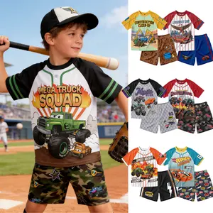 Monster Truck Athletic Mesh Baseball Jersey T-Shirt and Shorts Outfit Set Toddler to Big Kid Sizes Super Cool Tractor Fire Truck Printed Children's Gifts Playground Durability Breathable Training  Practice