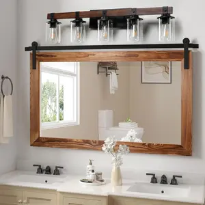 35" Rustic 5-Light Vanity Light, Industrial Bathroom Wall Sconce with Glass Shades and Wood Accent, Modern Farmhouse Lighting Fixture (No Bulbs)