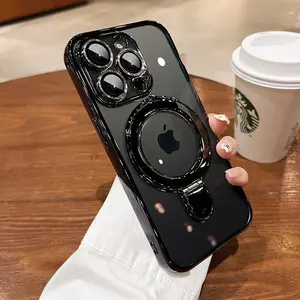 Fin For iPhone Series For iPhone 16 Pro Max Magsafe Case Luxury Plating Clear Acrylic Magnetic Bracket Cover for iPhone 15 14 13 12 Pro Max 16 Plus