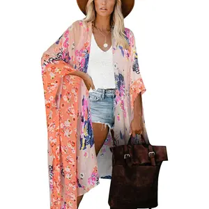 Women's Beach Cover up Swimsuit Kimono with Bohemian Floral Print, Loose Casual Resort Wear