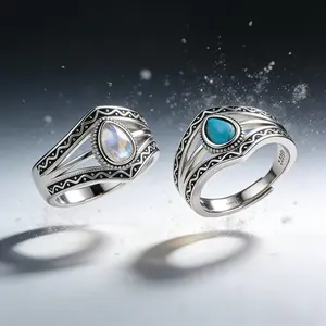 AELNEN Silver-Tone Vintage Pattern Ring Set - Turquoise & Moonstone Statement Rings - Boho Style Jewelry - Gift for Her