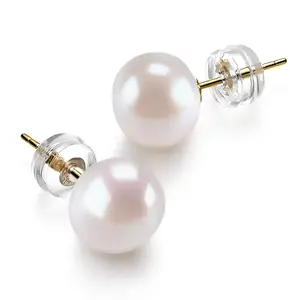 PAVOI 14K Gold Freshwater Cultured White Button Pearl Stud Earrings for Women
