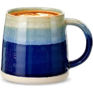 Large Ceramic Coffee Mugs, 13oz, /Coffee Cups, Large Handle & Wide Bottom Coffee Mug, Transmutation , Hand Painted Mug, for  or Office, Microwave and Dishwasher Safe, Blue Tone