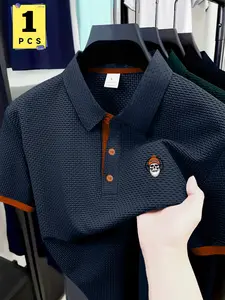 Men's Fashion Print Polo Shirt, Skull Pattern Short Sleeve Button Front, Breathable Stretch Fabric, Casual Summer Golf Top