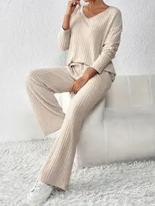 Women's Fall Winter Casual Fitted Two-Piece Set, Womenswear Solid Color Knitwear & Straight Leg Pants, Comfortable Home Wear