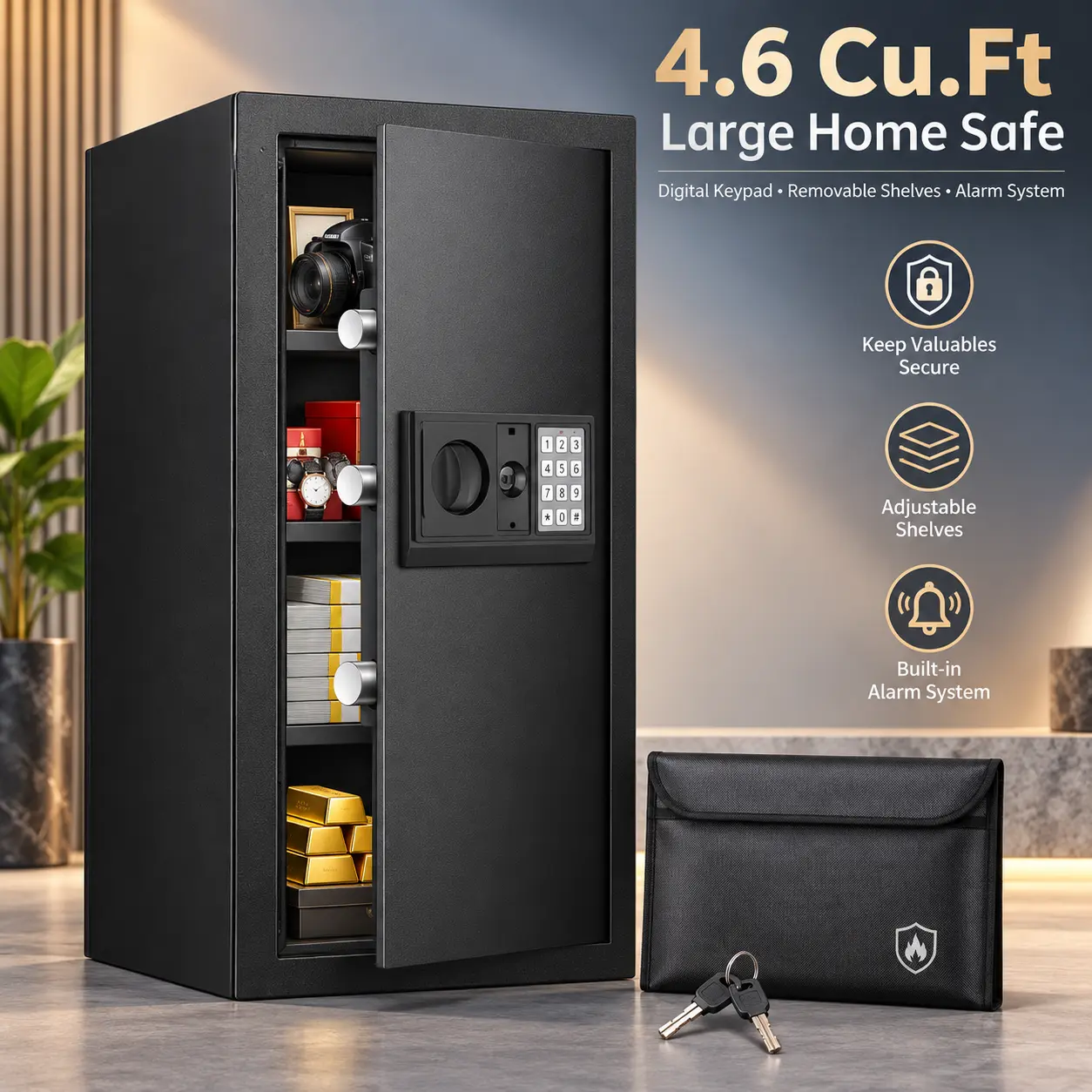 Fingerprint Safe Box for Home & Office, Black Steel Security Safe with Digital Keypad, Alarm System, Removable Shelves & LED Light, Large Storage for Cash, Jewelry, Documents & Passports, for Bedroom, Closet & Apartment