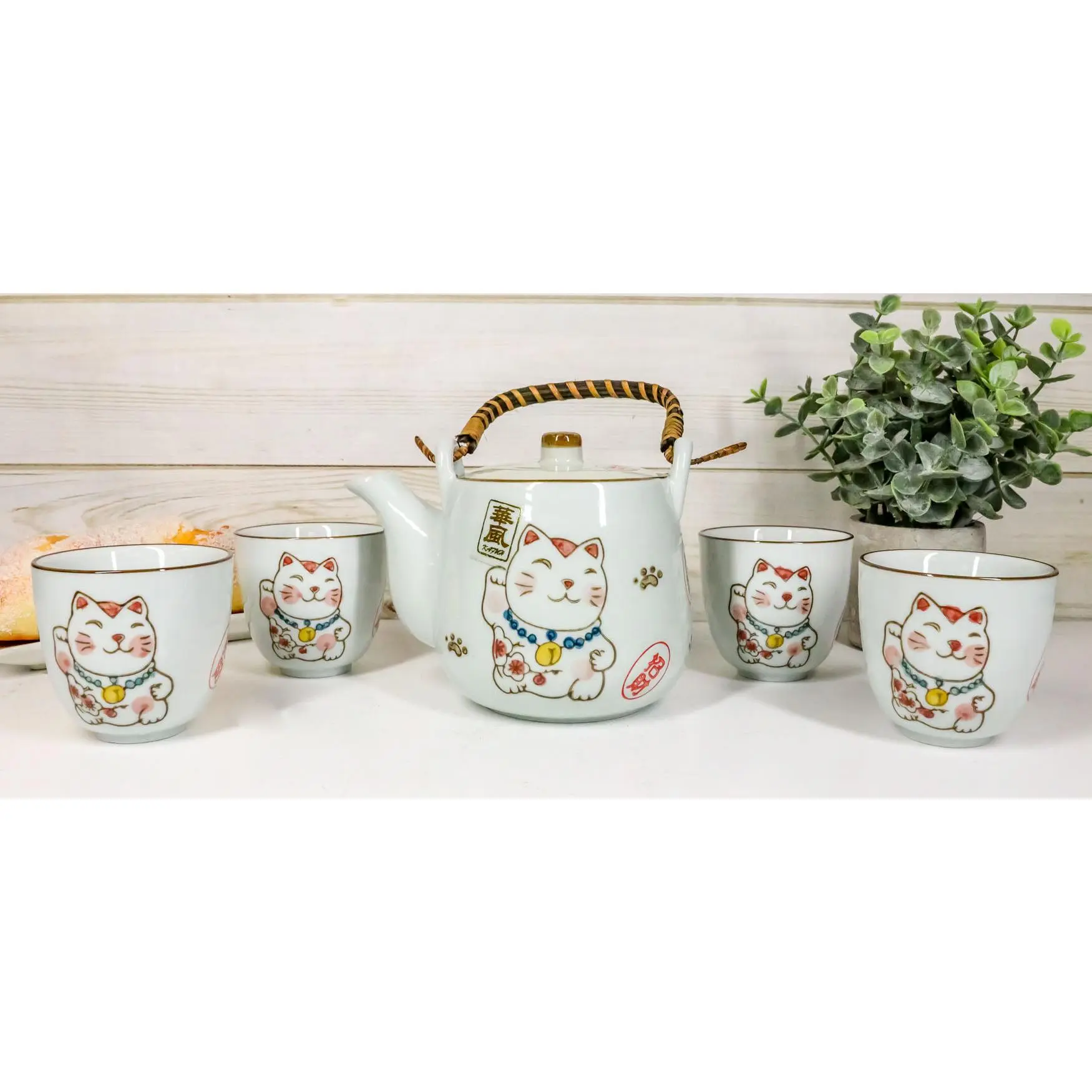 Japanese Maneki Neko Earthenware Ceramic Tea Set - 4-Piece, Pot with Strainer, Wooden Accents, Dishwasher-Safe Tea Cups, Lucky Charm Cat Home Decor Statue, Four Pieces