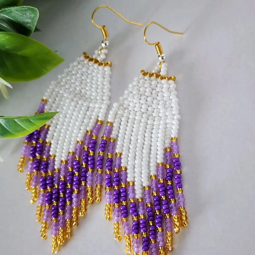 Elegant Beaded Earrings with Gold and Purple Color Beads  Accents Handcrafted Chandelier Earrings