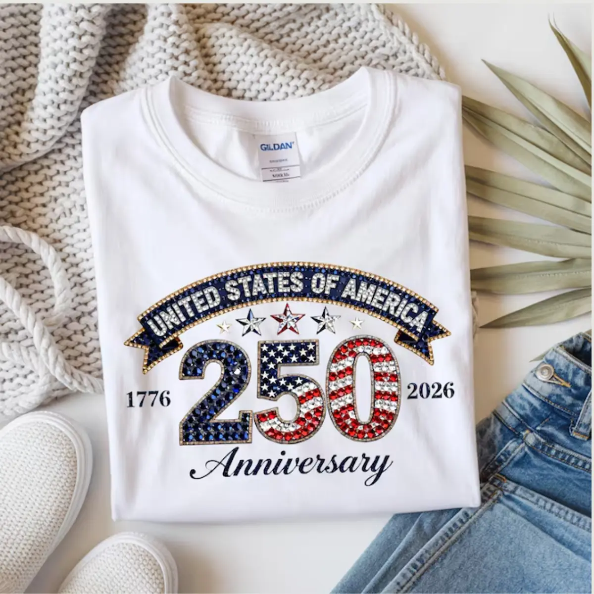 USA 250th Anniversary Shirt, America Birthday 1776–2026 T-Shirt, Patriotic Stars Stripes T-Shirt (Rhinestone Look DTF print)