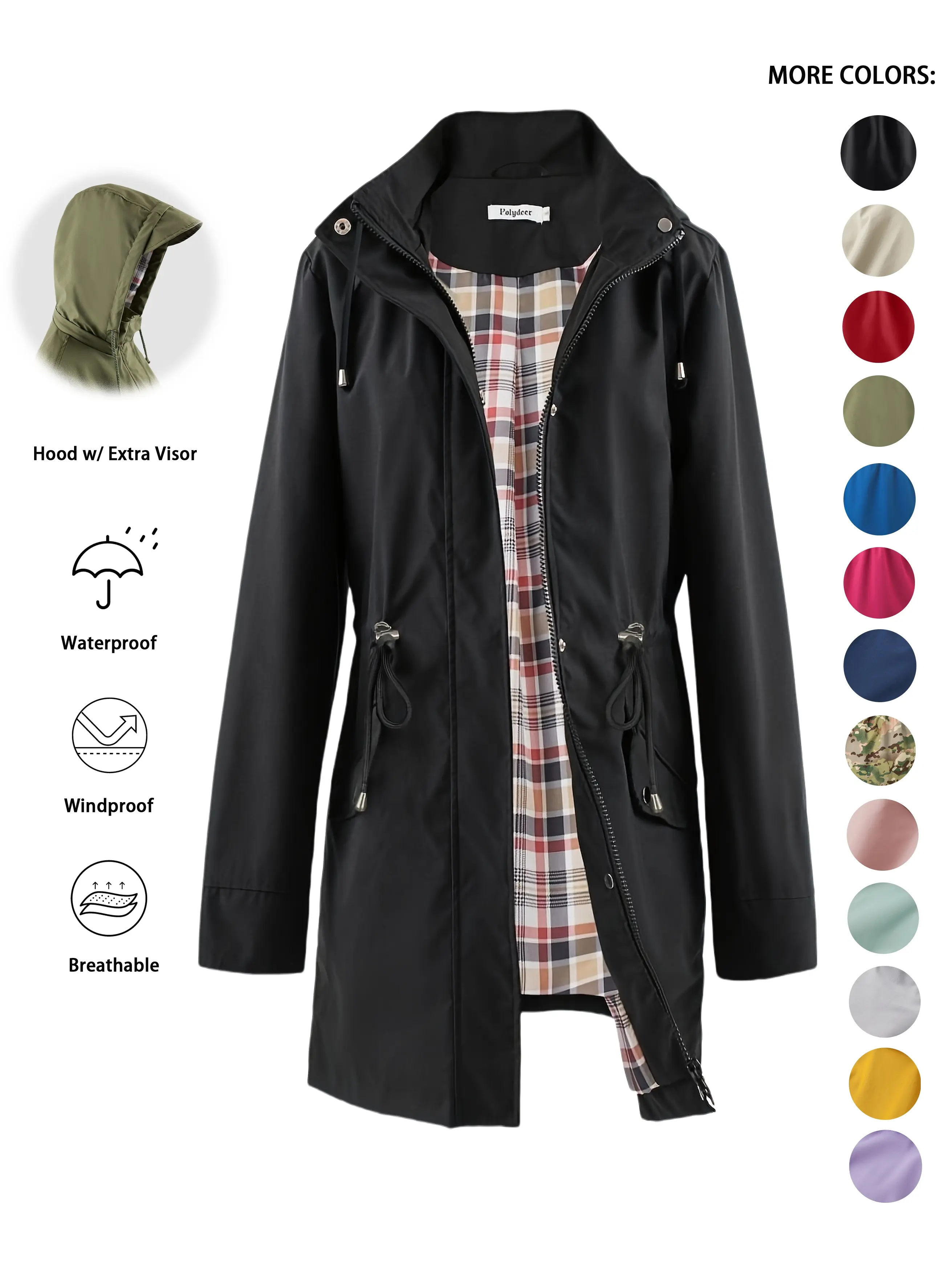 POLYDEER Lady's Waterproof Solid Color Zip-Up Hooded Long Rain Jacket - Fitted Long-Sleeve Windproof Outerwear, Check-Lined Lightweight Trench, Casual Top for Spring Outdoor Hiking (Women's Clothes, Jackets)