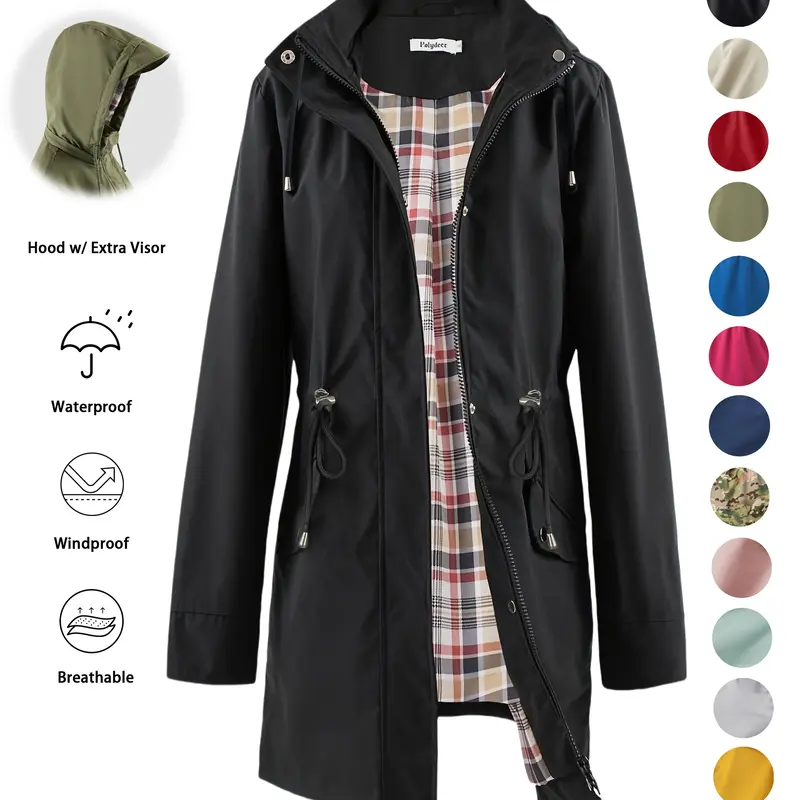 POLYDEER Women's 100% Polyester Waterproof Woven Hooded Jacket - Lightweight Fitted Long-Sleeve Trench Coat with Check Lining, Zip-Up Zipper & Button Front, Jackets for Women for Rainy Day Outdoor Use