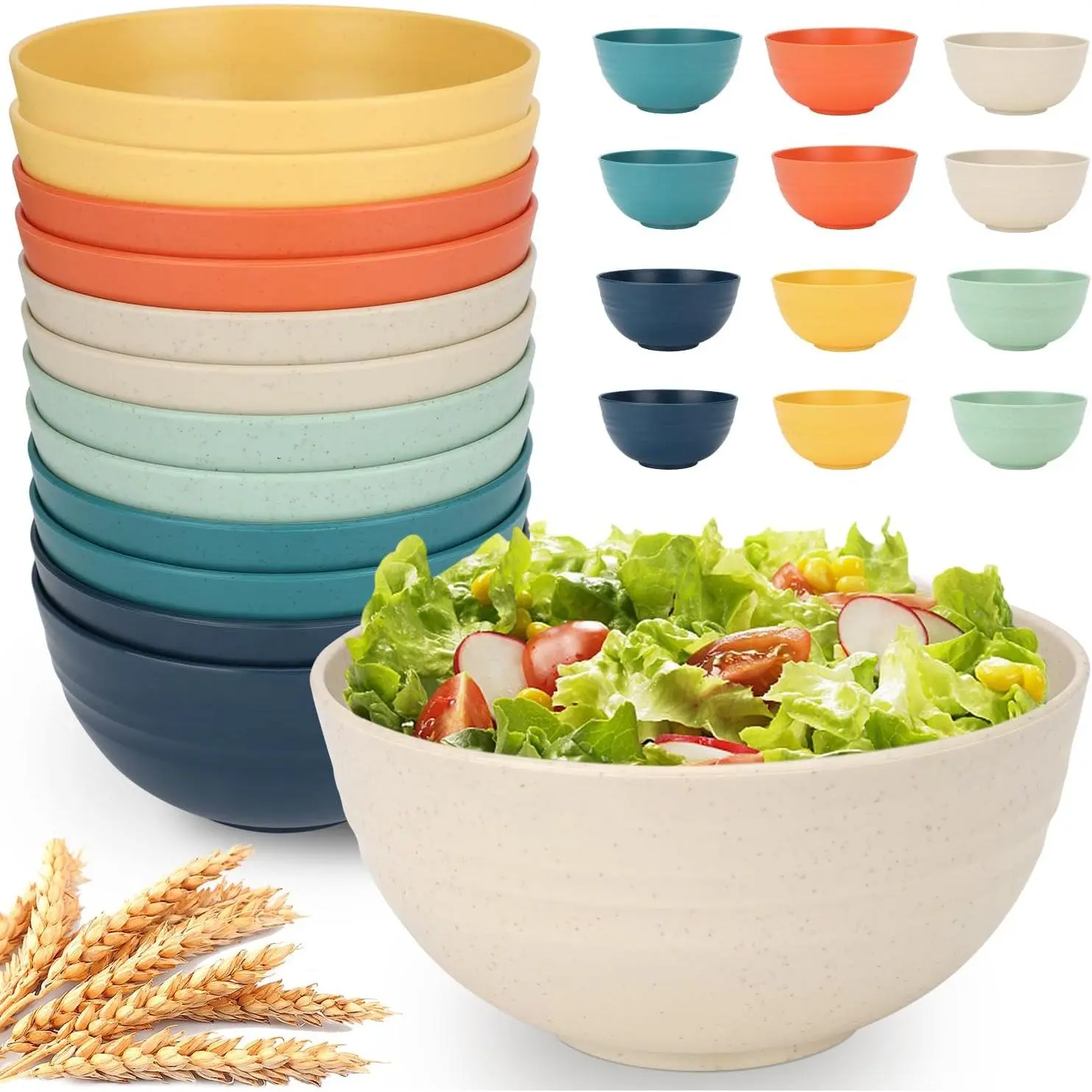 12 count Unbreakable Cereal Bowls Set, 26 Oz Wheat Straw Bowl Sets, Microwave & Dishwasher Safe Bowls for Kitchen,  Plastic Bowl for Soup, Salad, Rice, Snack, , Multicolor