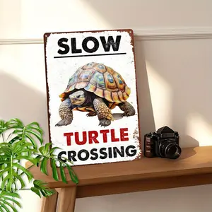 2D Flat, 1pc Vintage Slow Turtle Crossing Metal Wall Decor - Funny Road Sign Style with Turtle Graphic - Heavy-Duty Iron Construction - Pet-Safe Decoration for Home, Office, Garage - Easy Hang No Wiring Needed - 8x12 Inches Rustic Farmhouse