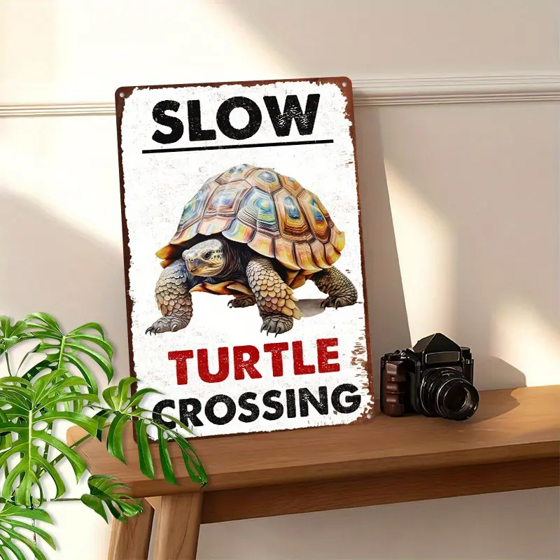 1pc Vintage Slow Turtle Crossing Cast Iron Wall Decor Plaque - Funny Road Sign Style with Turtle Graphic, Heavy-Duty, Pet-Safe, Easy-Hang, No Wiring Needed - 8x12in Rustic Farmhouse Decor for Home, Garage, Bars, Office