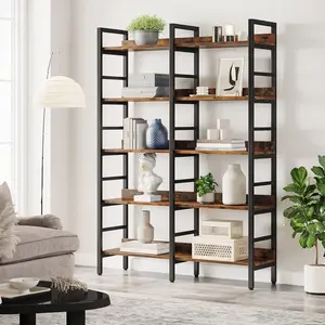 Tribesigns 5-Tier Industrial Bookshelf, 71”H x 47”W Etagere Bookcase, Freestanding Double Wide Book Shelf for Storage and Display, Wood and Metal Bookshelves for Living Room Home Office