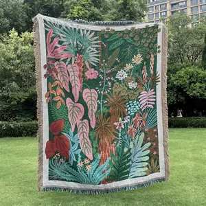Tropical Rainforest Pattern Bohemian Tassel Throw Blanket, Soft Warm Throw Blanket, Wear-resistant Washable Blanket for Home Decor Sofa Chair Bed