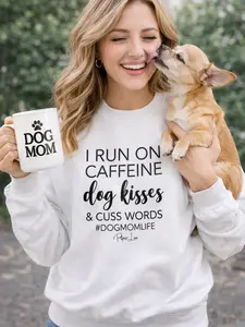 Camoe Women's "I Run On Dog Kisses" Graphic Knit Crewneck Sweatshirt, Athletic Womenswear Tops, 50% Cotton-50% Polyester Spandex Blend, Pre-Shrunk Classic Fit, Air-Jet Spun Yarn Soft Feel