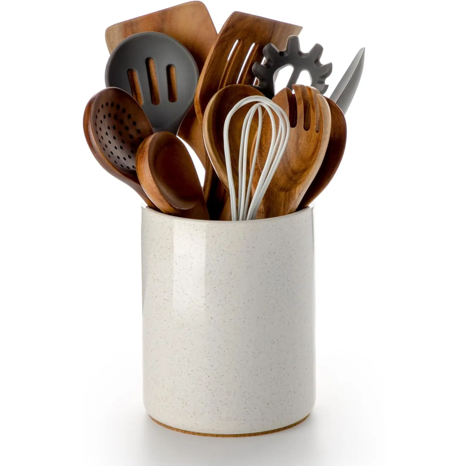 Utensil Holder, 6.4" Ceramic Kitchen Utensil Holder for Countertop with Protection Cork Bottom, Vintage Farmhouse Kitchen Decor for Counter, Christmas Gift (Sand)