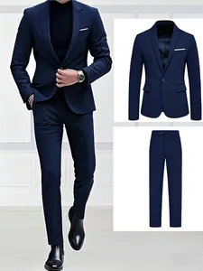 2pcs Men'S Wedding & Business Suit Set | Tailored Slim Fit Jacket and Dress Pants in Deep Burgundy/Navy Blue/Black, Lapel Collar, Button Details, All-Season Wear for Weddings and Parties