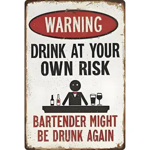 8x12 Inch Funny Bar Vintage Metal Sign, Warning Bartender Humorous Home Pub Wall Decor