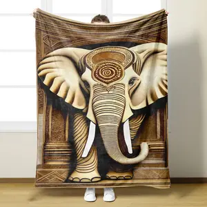 Elephant Print Flannel Gift Blanket, Picnic Camping Home Living Room Multi-Purpose Blanket