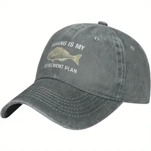 S&T 1 Piece Men's Retro Baseball Cap with "Fishing is My Retirement Plan" Pattern and Fish Design - Dark Gray, Breathable Mesh Back, Structured Fit Suitable for Outdoor Fishing and Retirement Gift